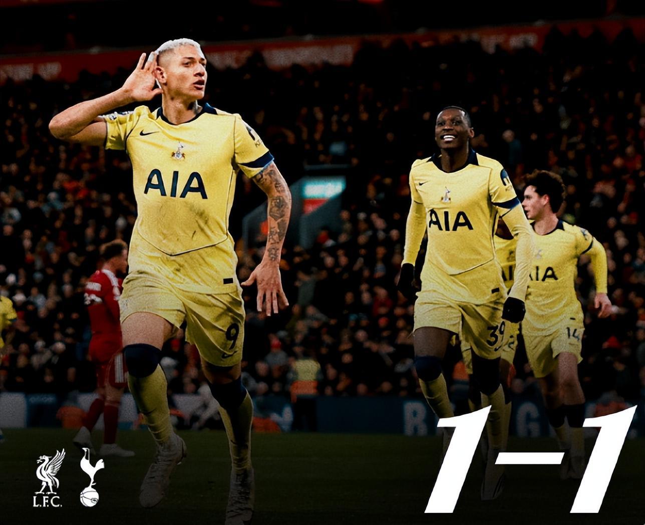 利物浦1比1热刺送温暖，萨拉赫替补出战，里沙利松艳压对手核心